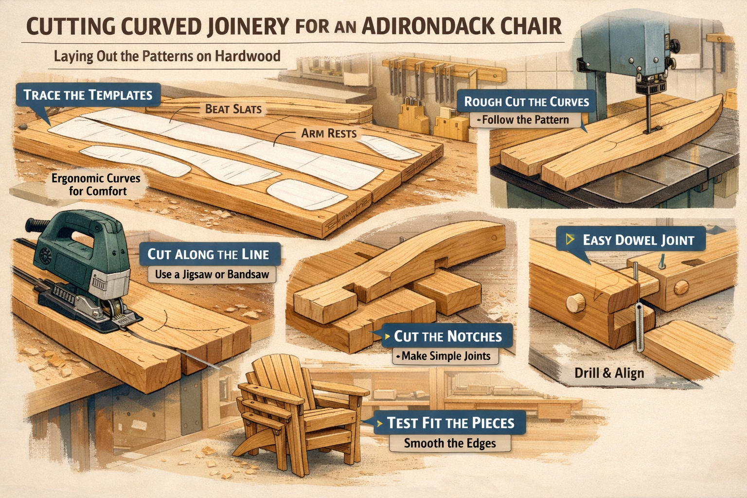 A detailed illustration showing the step-by-step process of cutting curved joinery for an Adirondack chair, with various patterns laid out o