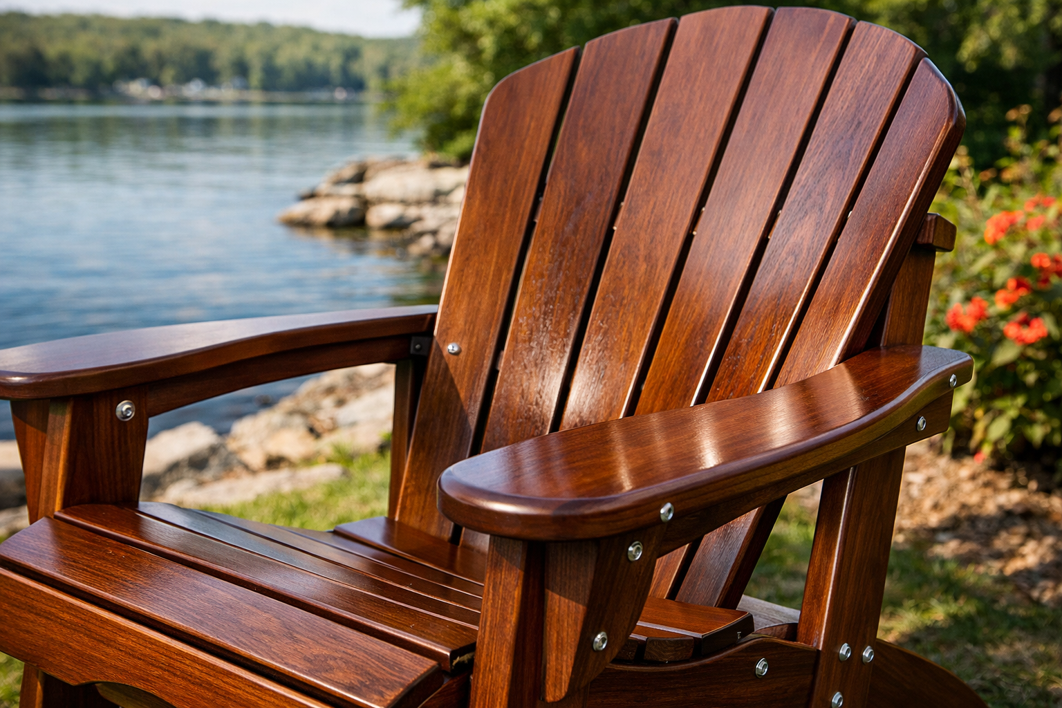 A close-up, high-definition shot of a finished Adirondack chair showcasing exceptional ergonomic design and a flawless, UV-protected weather