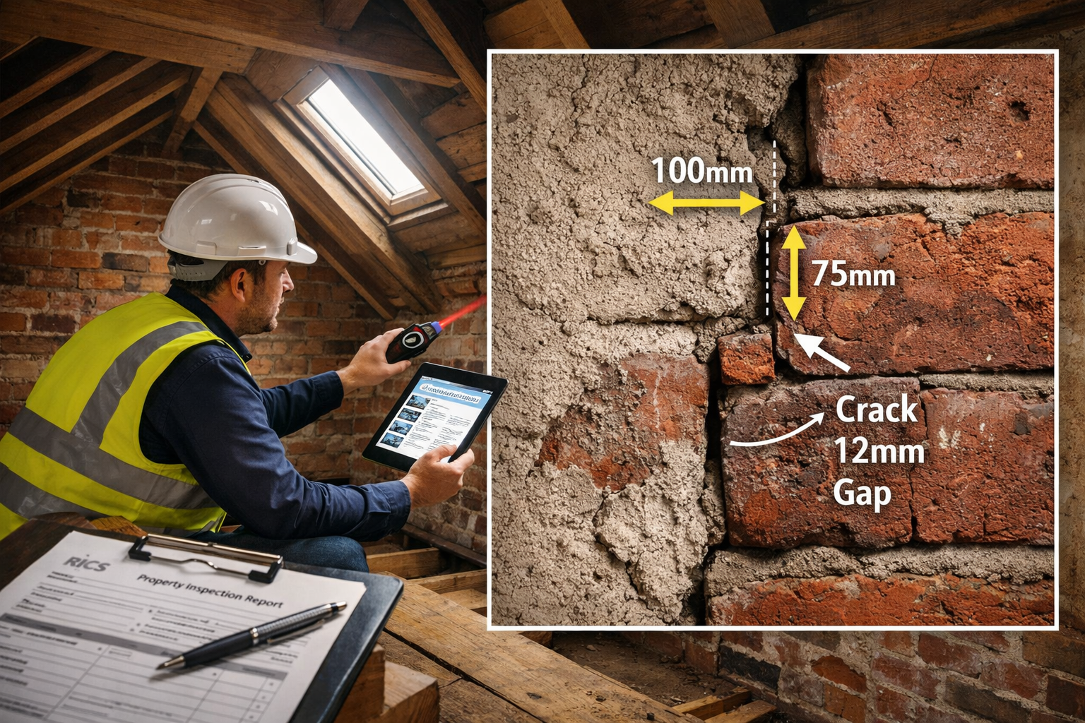 () professional photograph of party wall surveyor conducting detailed property inspection in loft space, wearing hard hat