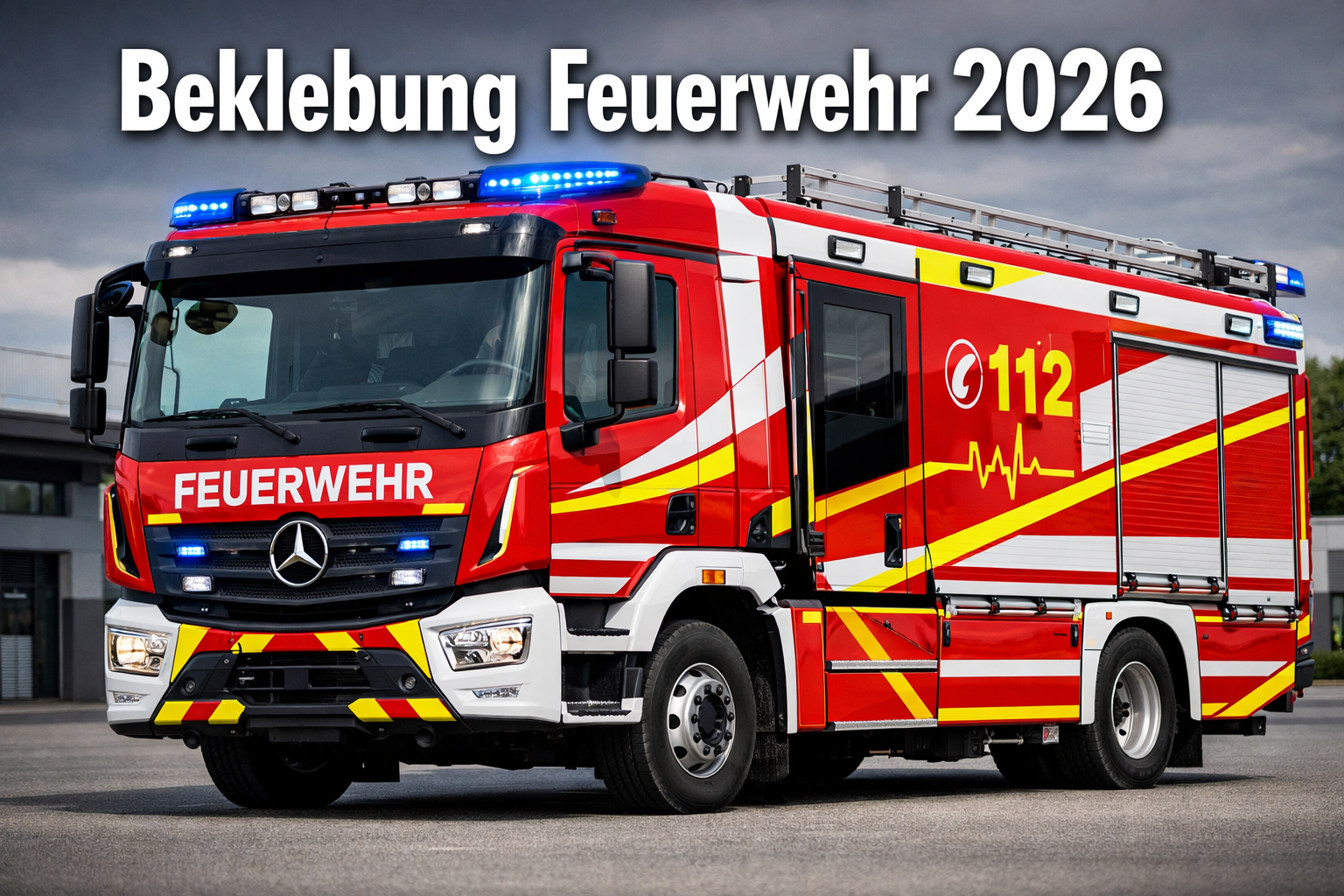 Professional landscape format (1536x1024) hero image featuring bold text overlay 'Beklebung Feuerwehr 2026' in extra large 70pt white sans-s