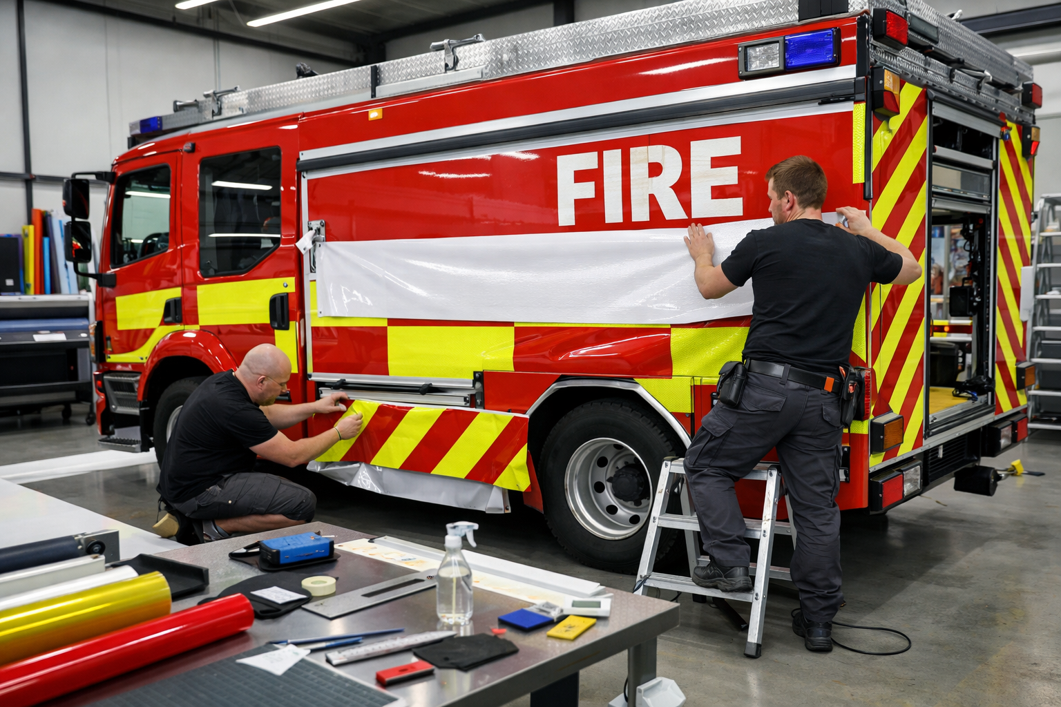 Landscape format (1536x1024) image showing fire truck being wrapped with vinyl decals in professional workshop, technicians applying reflect