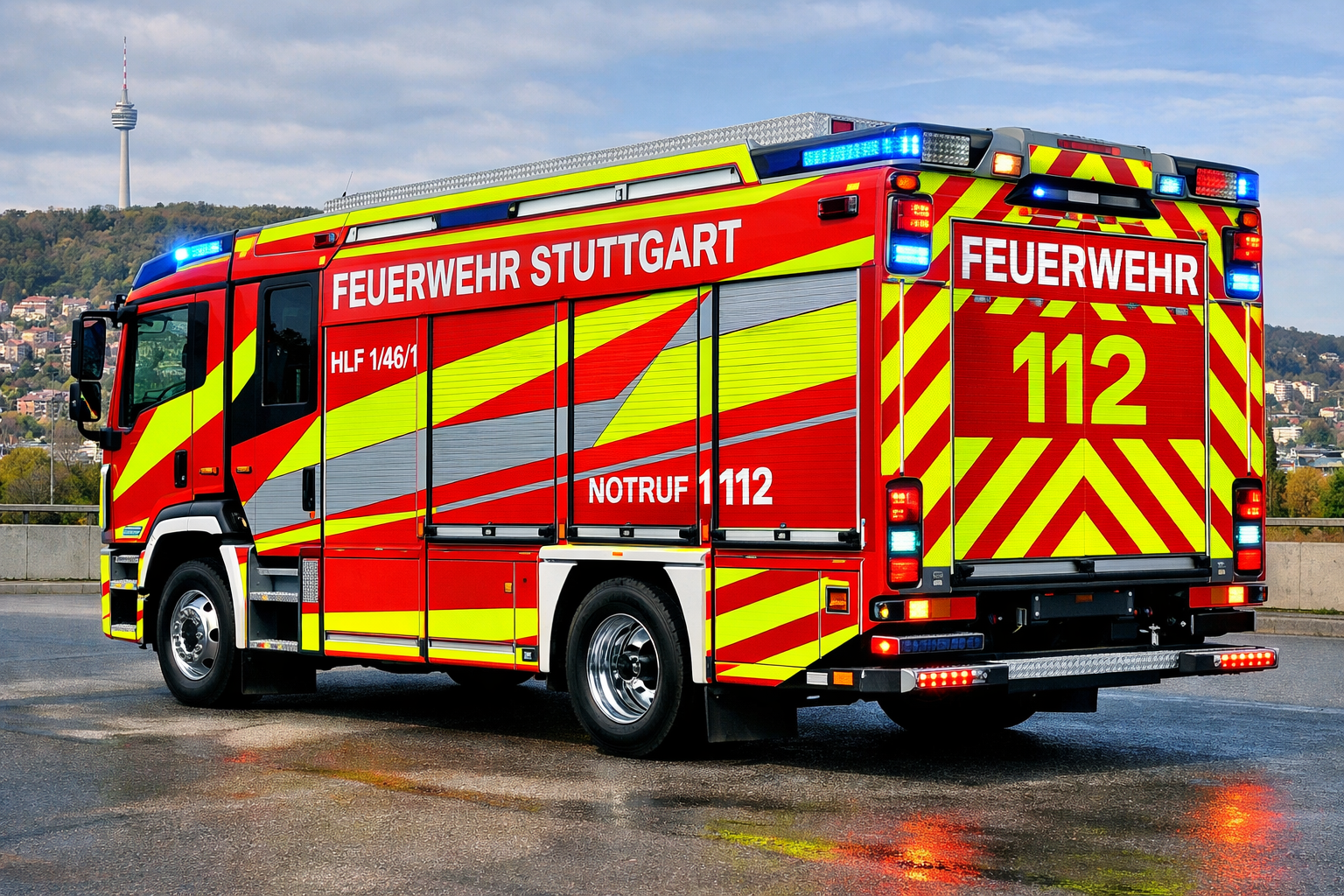 Landscape format (1536x1024) image of Stuttgart fire department HLF vehicle featuring new fluorescent design concept, daytime visibility enh