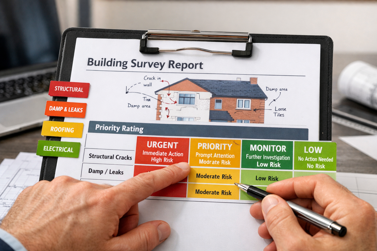 Detailed () editorial image showing close-up of professional building survey report on clipboard with clear red/amber/green