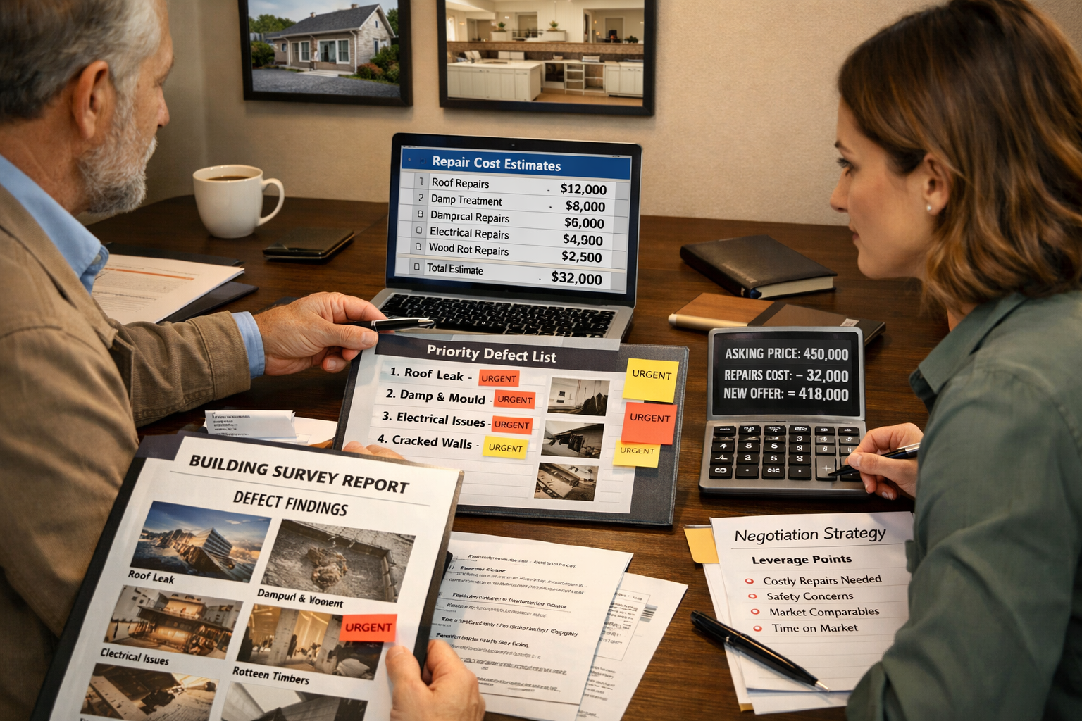 () scene showing modern property transaction negotiation table with building survey report open displaying defect findings,