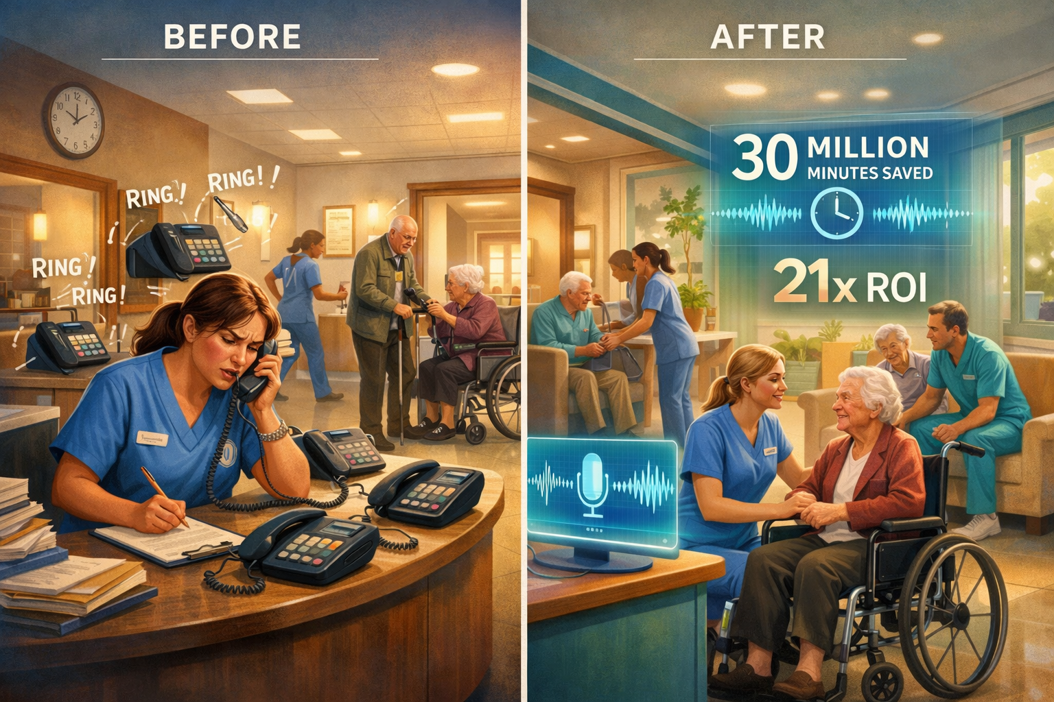 Landscape format (1536x1024) healthcare-focused illustration depicting senior care facility operations enhanced by voice AI technology, spli