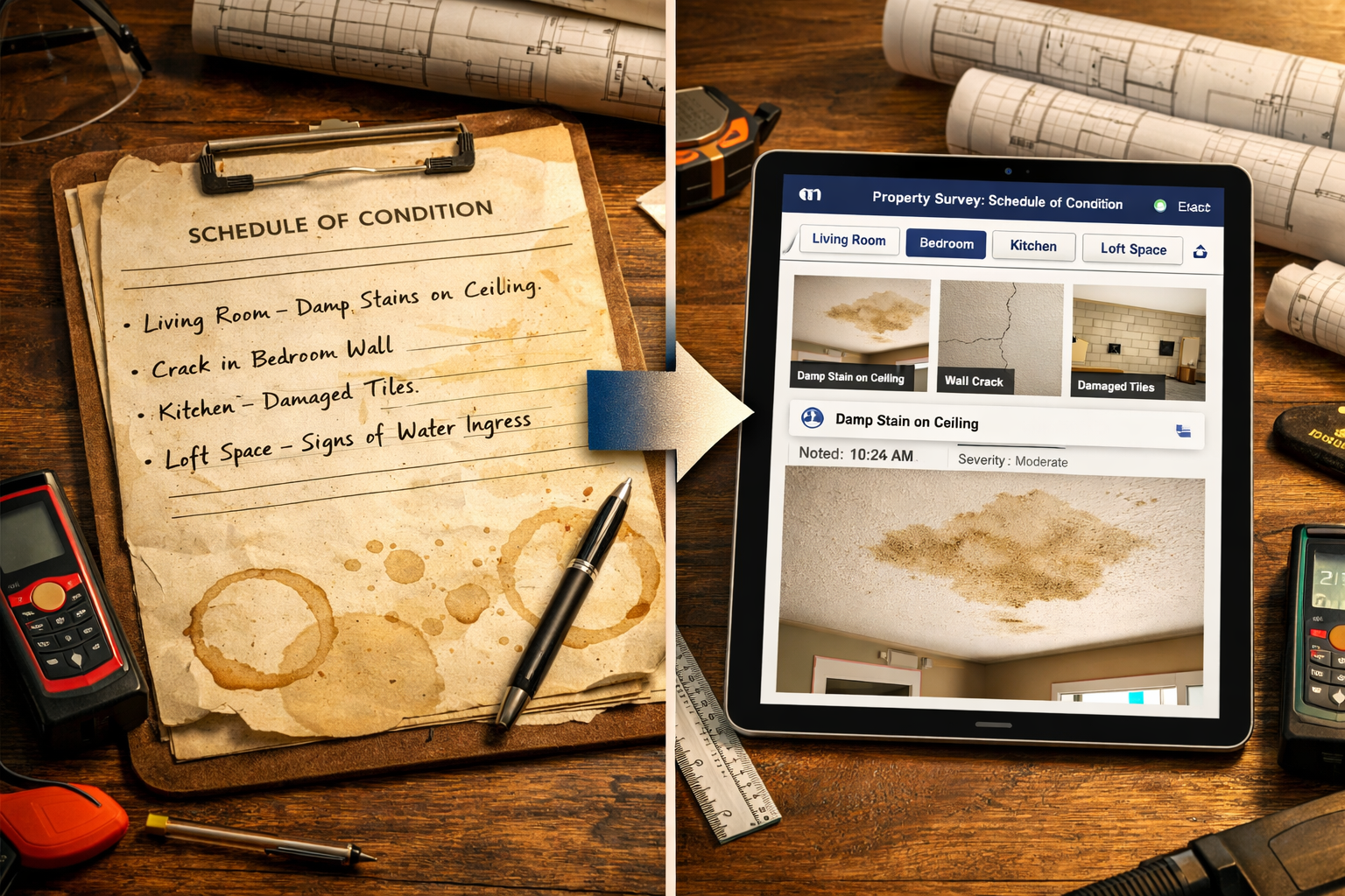 Detailed () image showing split-screen composition: left side displays traditional paper-based schedule of condition with