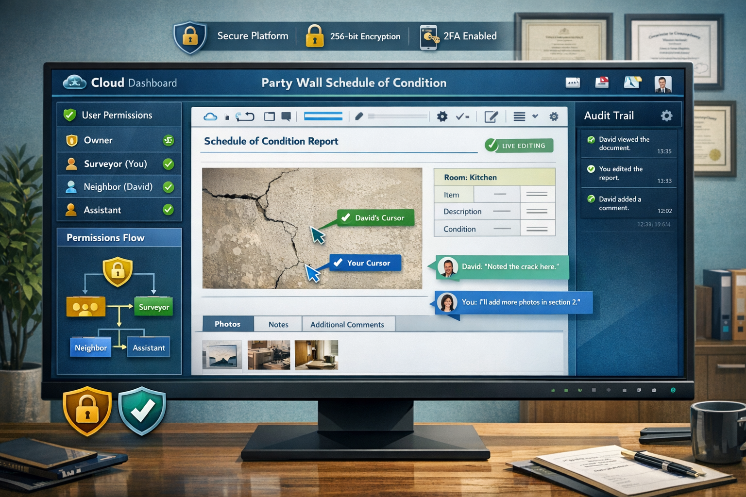 Detailed () image depicting secure cloud platform dashboard interface on large desktop monitor showing party wall schedule