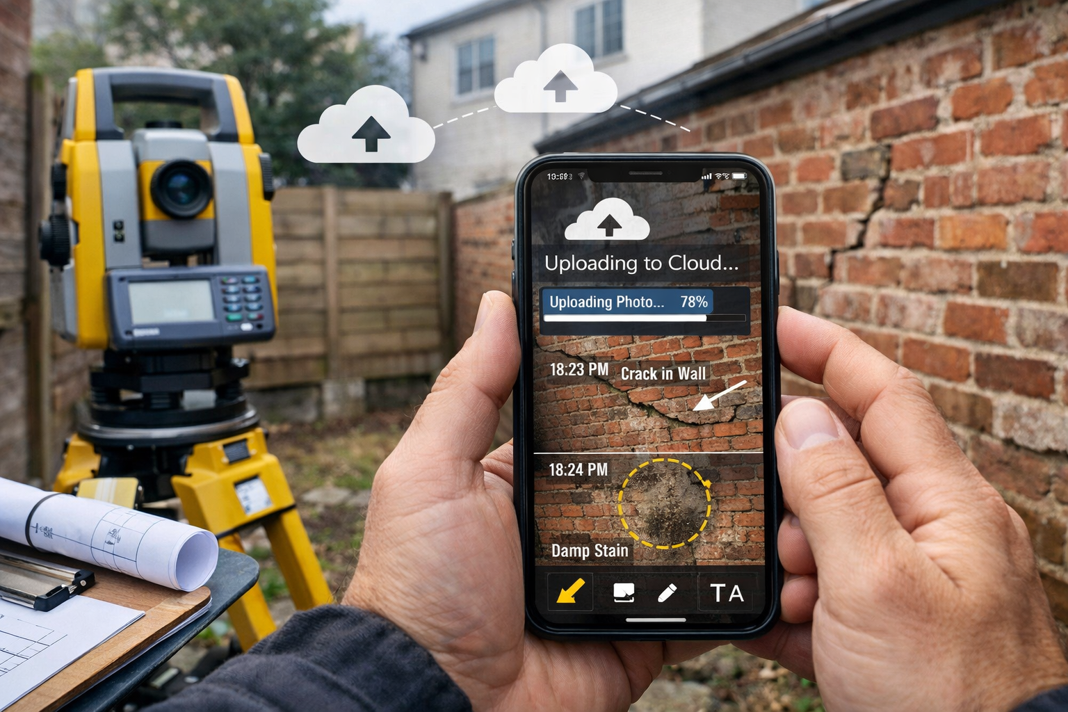 Detailed () image showing close-up of surveyor using smartphone to capture and upload high-resolution property condition