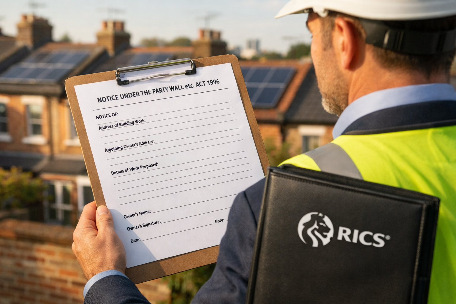 Detailed () image showing close-up of official Party Wall Act notice document on clipboard being held by surveyor in
