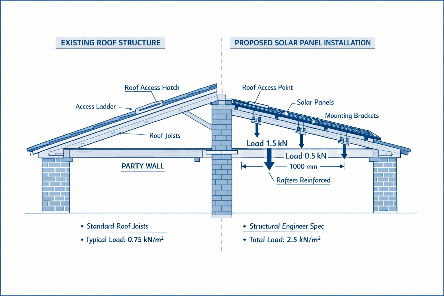 () technical illustration showing cross-section diagram of party wall between two terraced properties with solar panel
