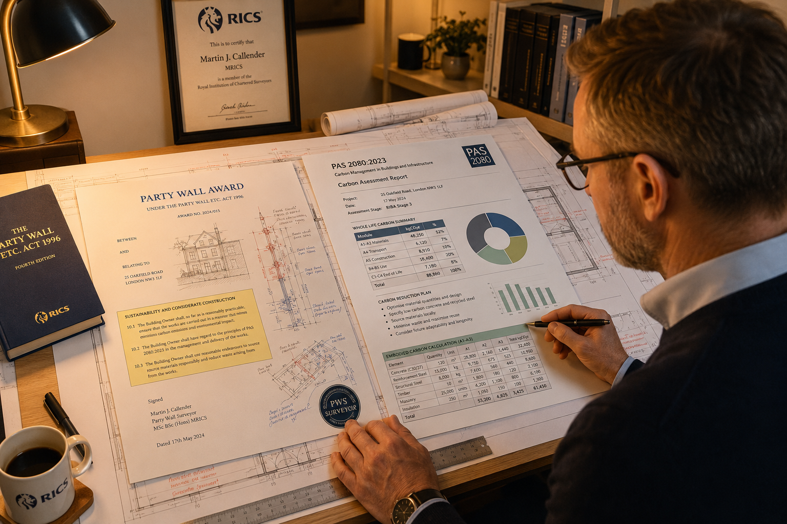 Detailed () showing a professional party wall surveyor at a desk reviewing a formal Party Wall Award document alongside a