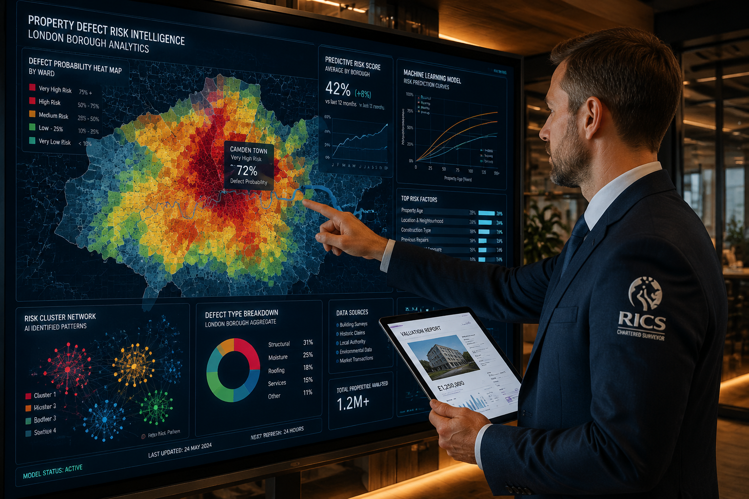 Wide-angle editorial illustration () of a RICS-chartered surveyor at a large touchscreen wall displaying a UK property