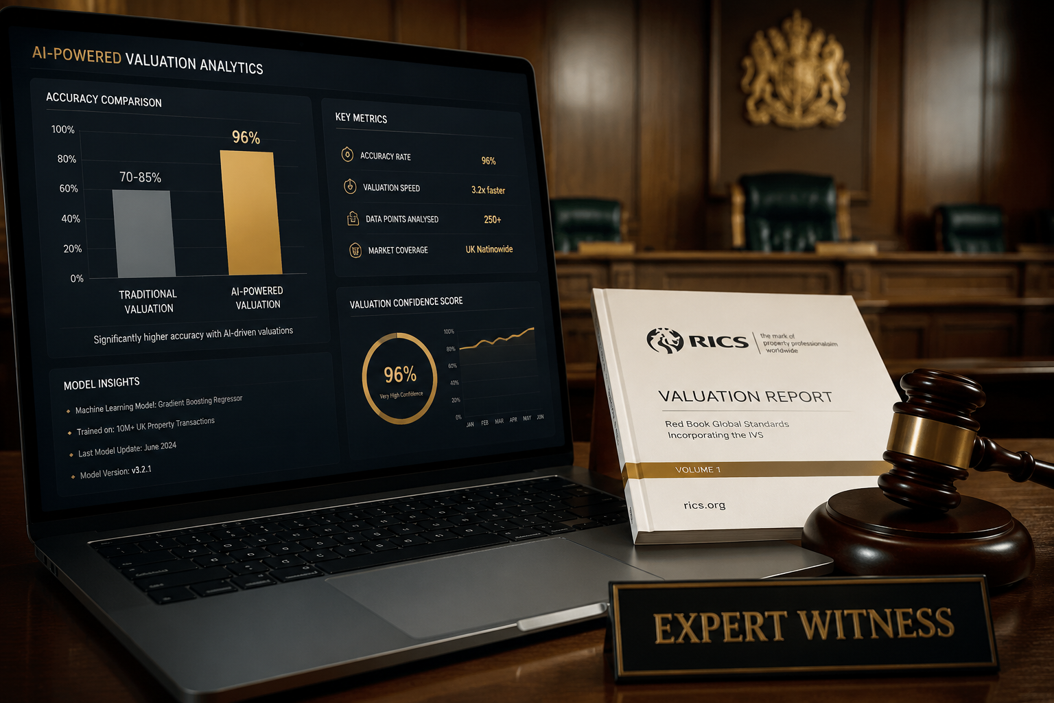 Close-up editorial photograph () of a courtroom-style expert witness stand with a laptop screen open showing an AI-powered