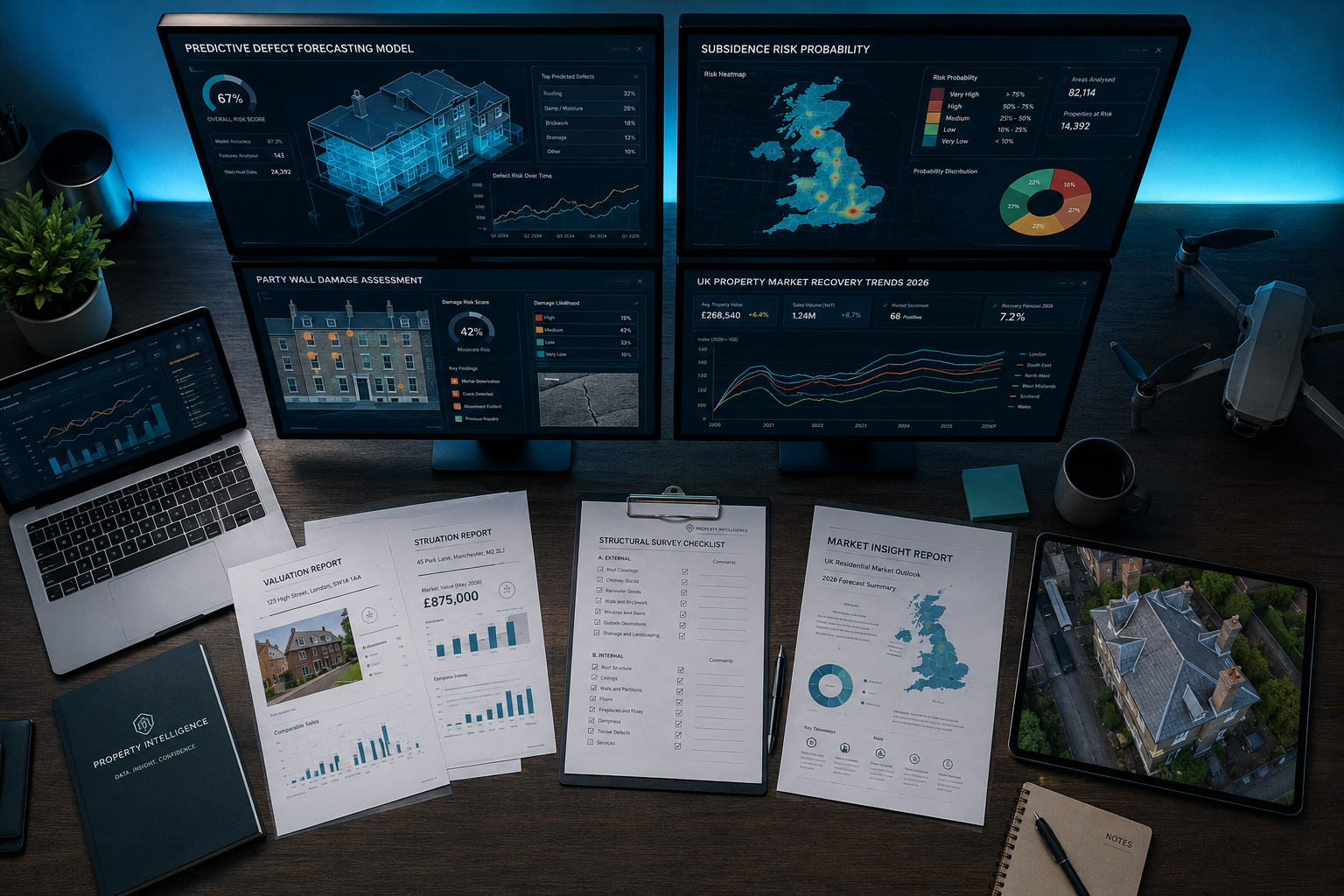 Overhead bird's-eye editorial illustration () of a large data analytics workspace showing multiple monitors with predictive