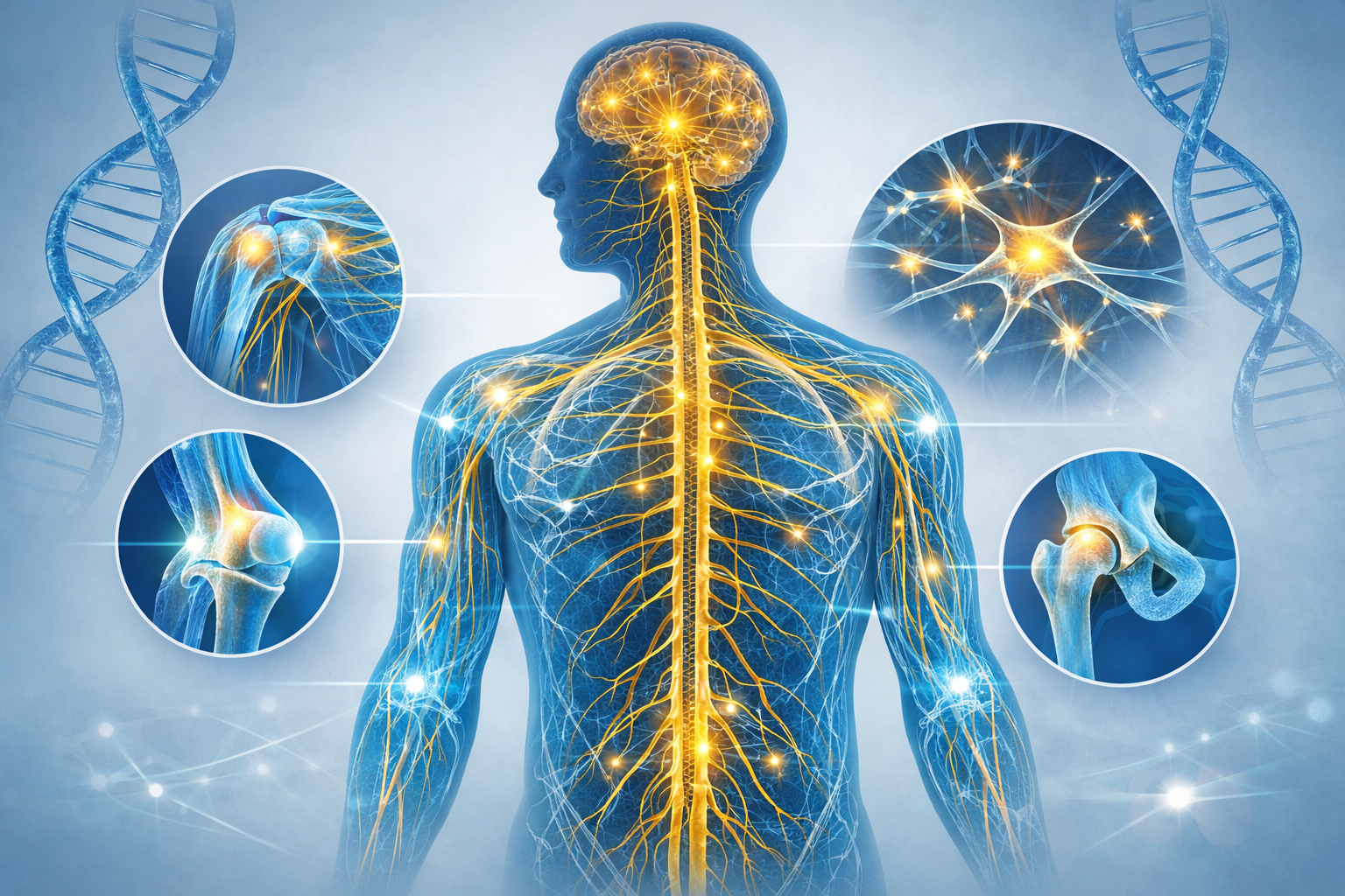 Landscape format (1536x1024) medical illustration showing human silhouette with highlighted connective tissue network in translucent blue ov