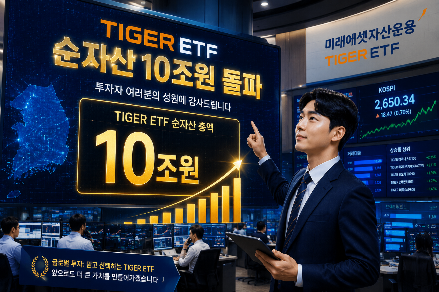 () infographic-style illustration showing TIGER ETF cumulative net asset milestone of 10조원 displayed on a large glowing