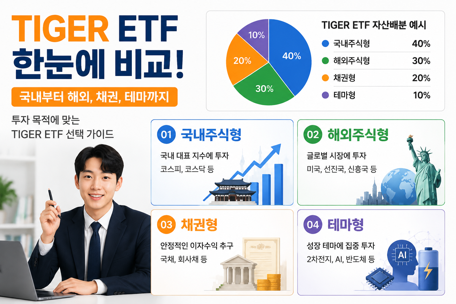() visual comparison grid showing multiple TIGER ETF product categories: 국내주식형, 해외주식형, 채권형, 테마형 arranged in a clean 2x2 tile