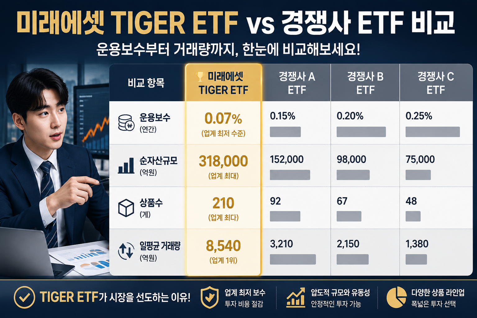 () side-by-side comparison table visualization showing 미래에셋 TIGER ETF vs 경쟁사 ETF 비교 with Korean column headers, bar charts