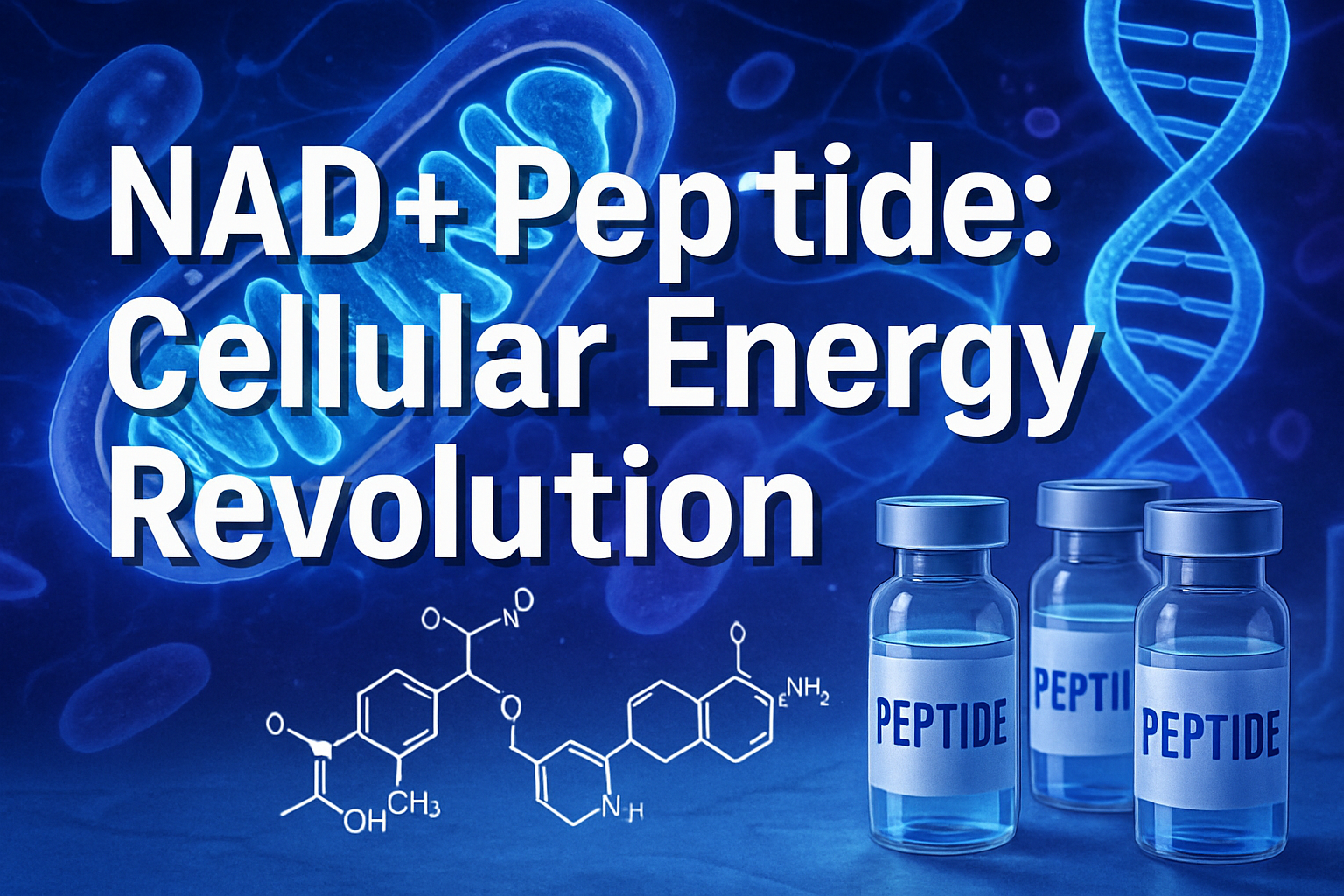Professional landscape hero image (1536x1024) featuring bold text overlay 'NAD+ Peptide: Cellular Energy Revolution' in extra large 72pt whi