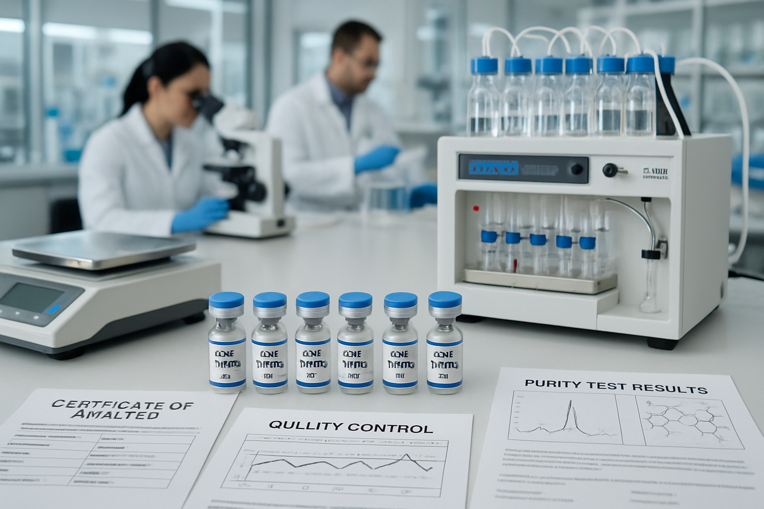 Professional research laboratory scene showing peptide synthesis equipment, high-quality testing apparatus, and certificate of analysis docu