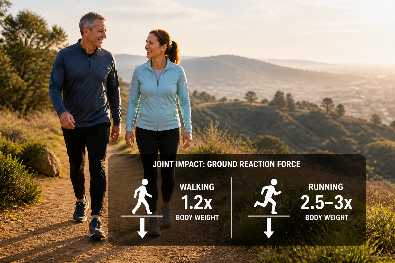 () editorial photo-illustration of a middle-aged man and woman in their 50s walking together on a hilly park trail in