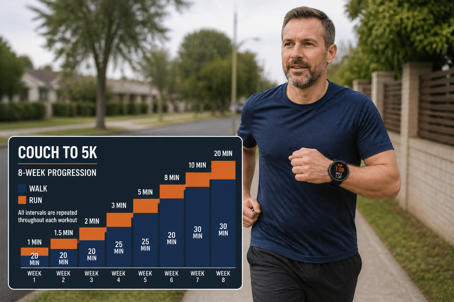 () editorial photo showing a beginner runner in their 40s on a suburban footpath, mid-stride in a walk-run interval session,