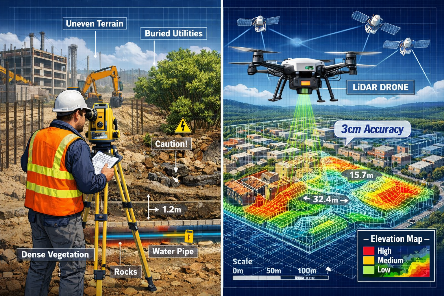 Landscape format (1536x1024) detailed illustration showing modern surveying challenges in build-to-rent developments with split-screen compo