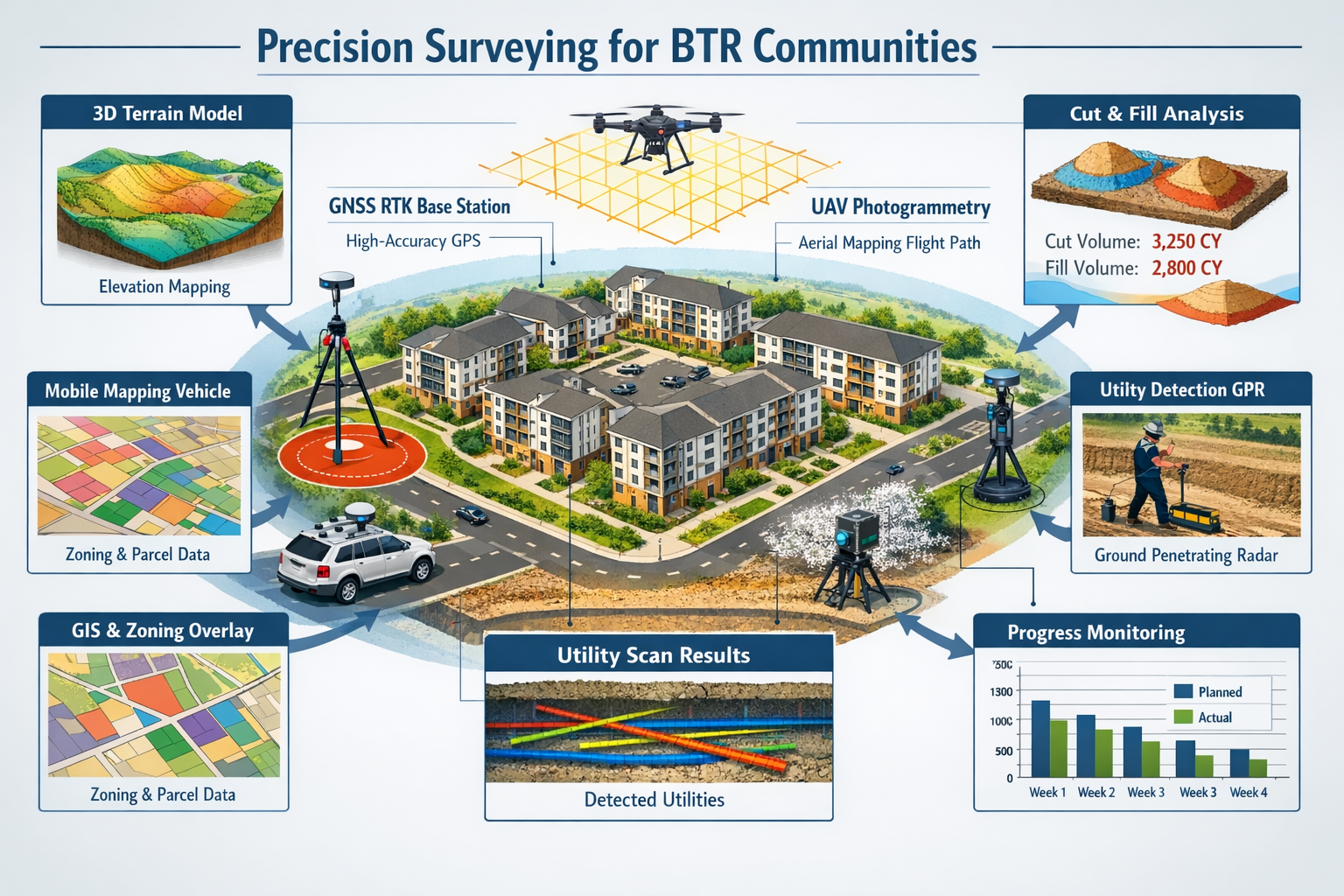 Landscape format (1536x1024) technical infographic showcasing precision surveying techniques for BTR communities: center features cutaway di