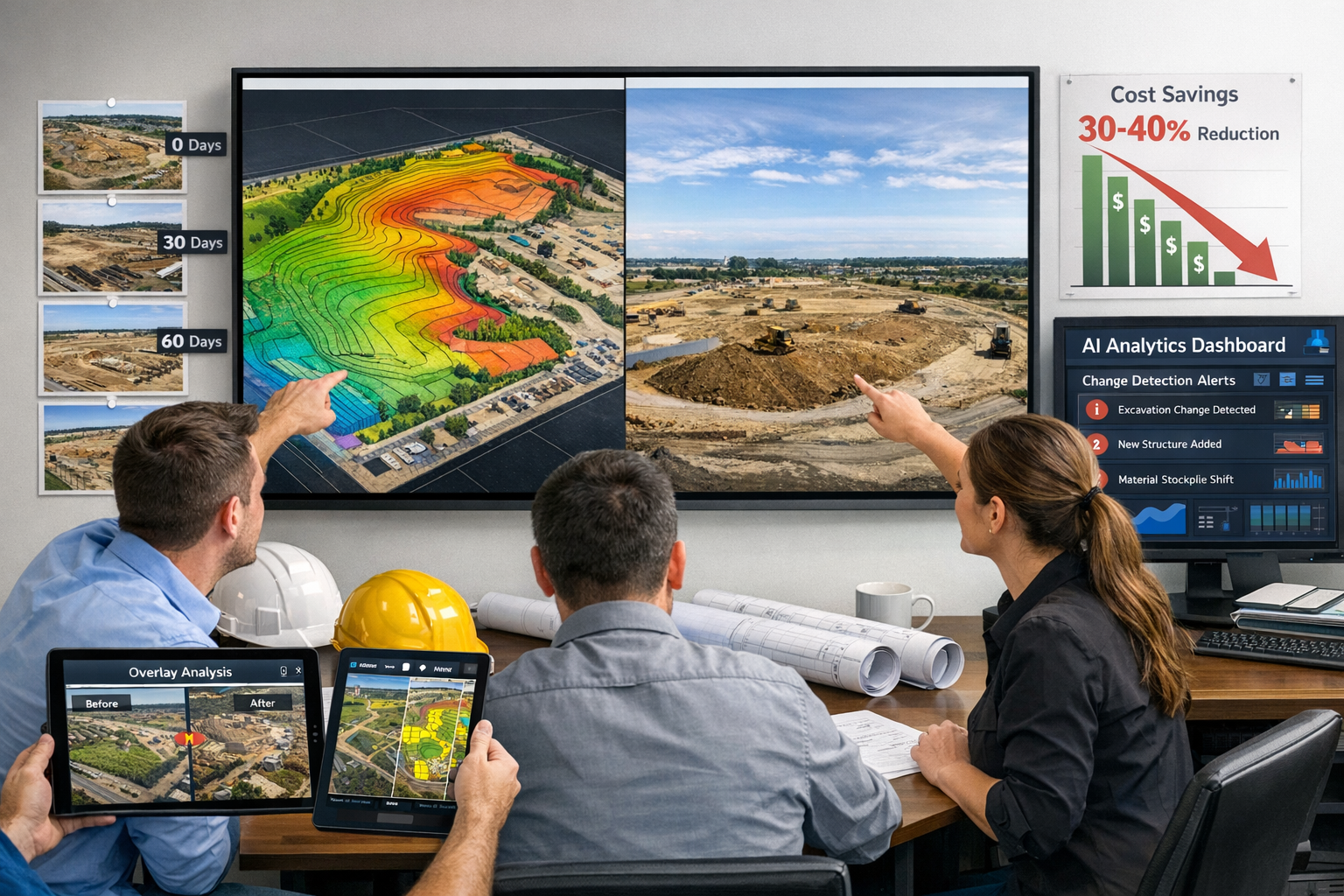 Landscape format (1536x1024) modern workspace scene showing BTR development team using advanced surveying platforms: large 4K monitor displa