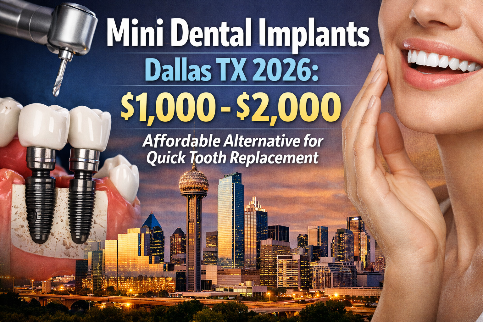 Professional landscape hero image (1536x1024) with bold text overlay: "Mini Dental Implants Dallas TX 2026: Cover Image,000-$2,000 Affordable Alterna