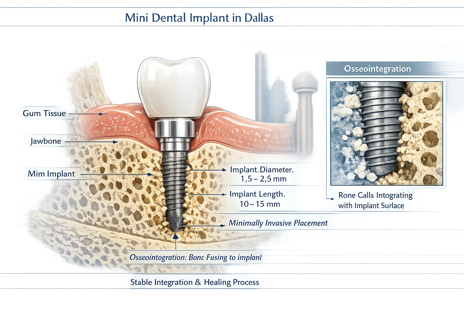 Detailed medical illustration demonstrating mini dental implant technology in Dallas context, showing cross-sectional view of jawbone with m