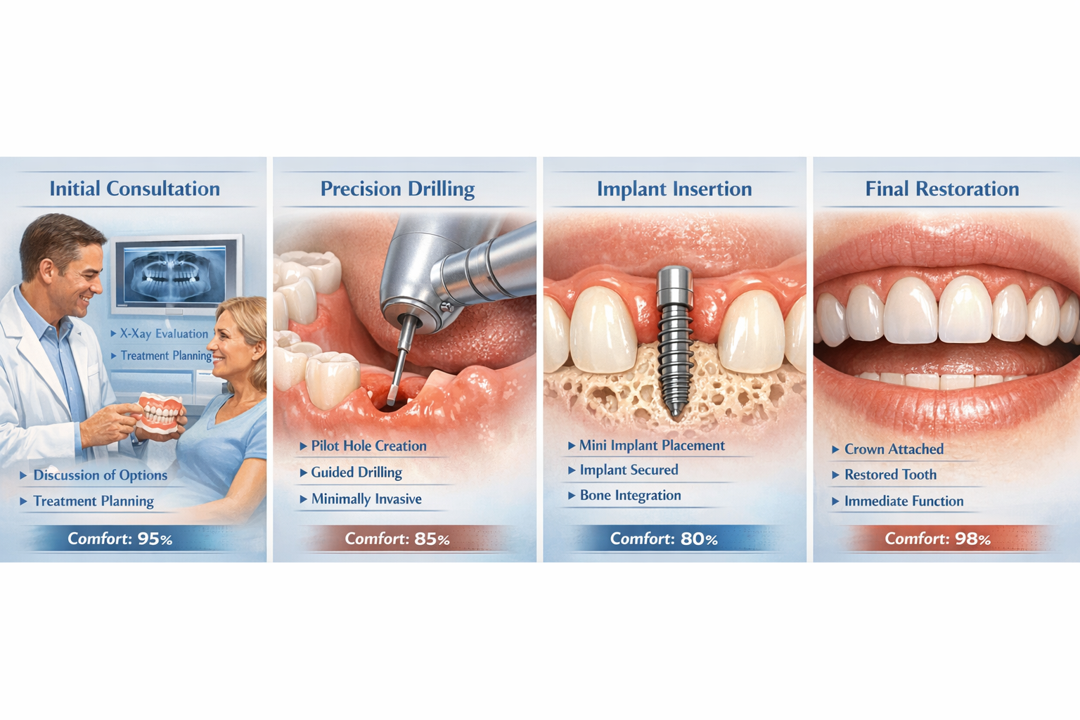 Procedural step-by-step visual guide for mini dental implant placement, featuring photorealistic medical illustration sequence. First panel 