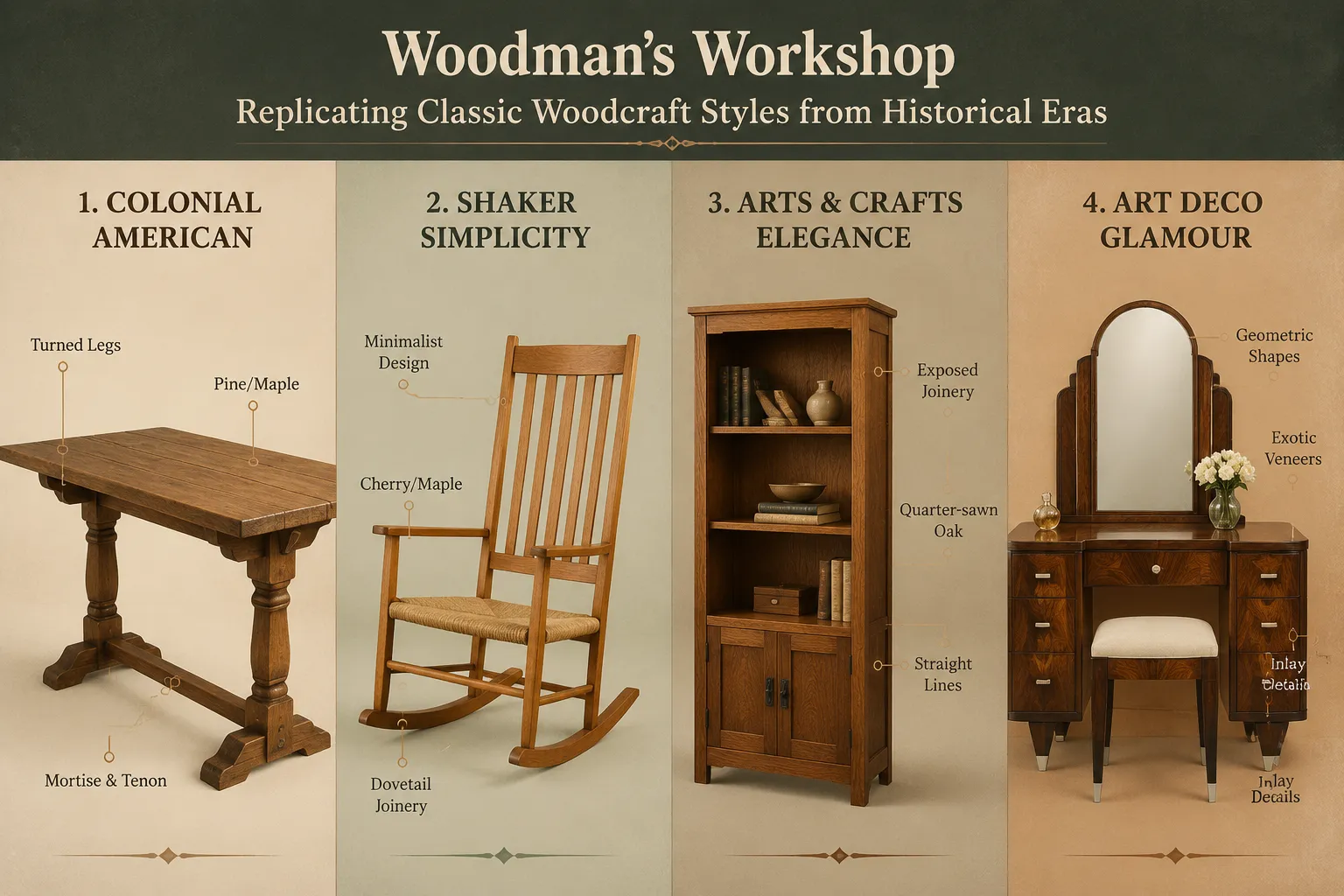 Understanding the Foundations of Woodman's Workshop: Replicating Classic Woodcraft Styles from Historical Eras