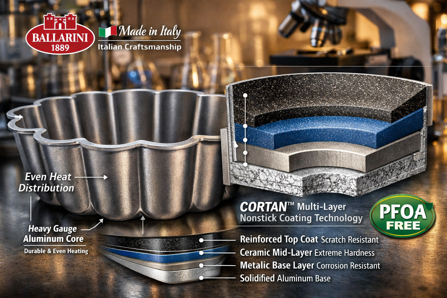 Close-up detailed photograph of Ballarini scalloped cake pan showing the multi-layer CORTAN nonstick coating technology with cross-section d