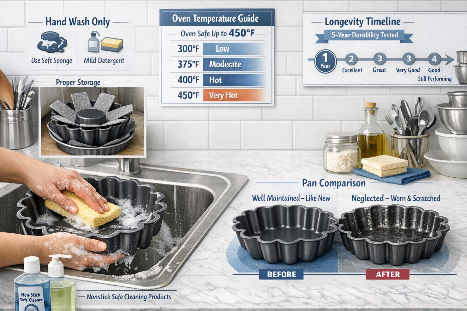 Comprehensive care and maintenance scene showing Ballarini scalloped cake pan being gently hand-washed with soft sponge, proper storage solu