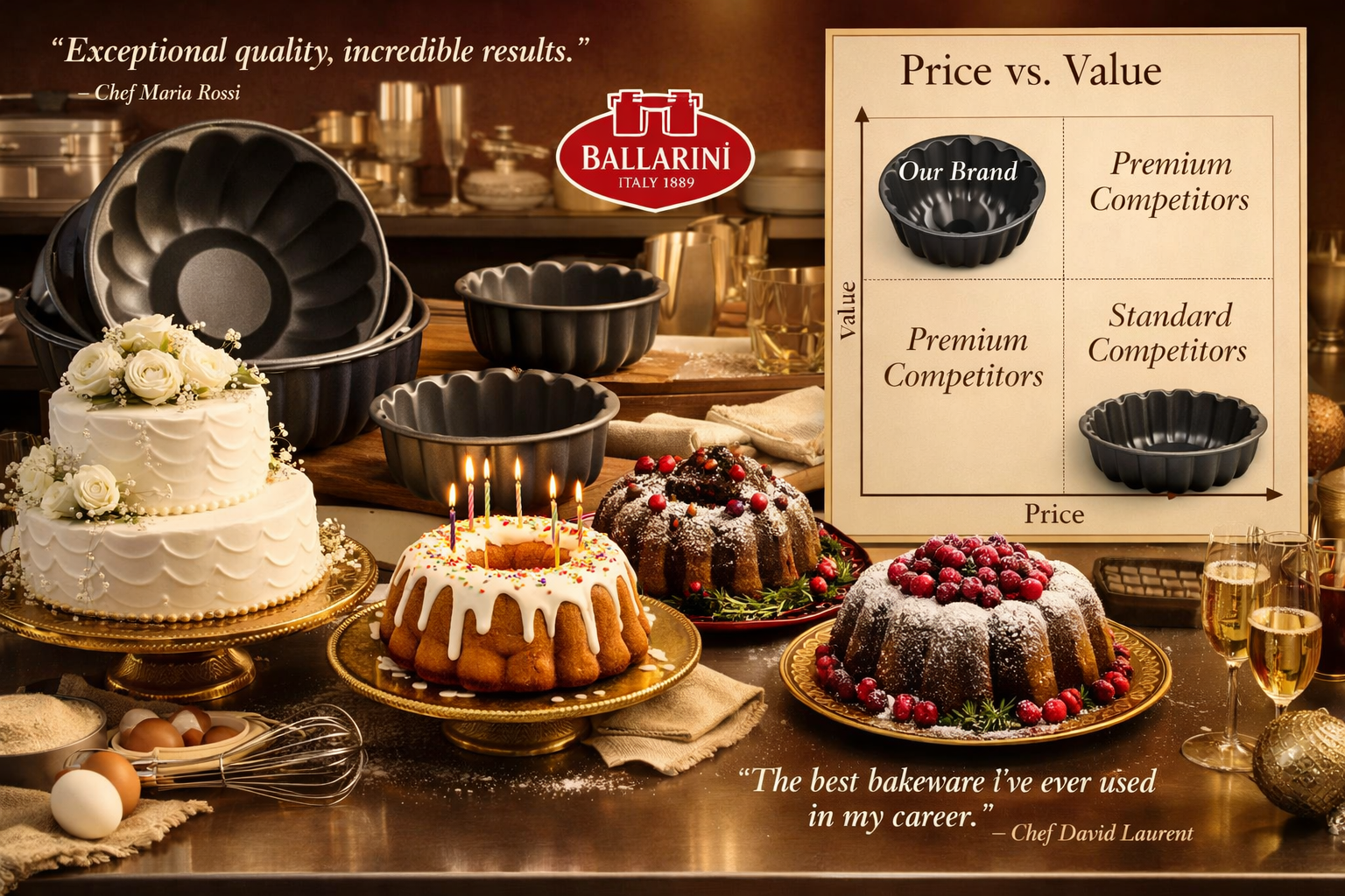Elegant comparison display of Ballarini scalloped cake pan alongside finished decorative cakes for various occasions, wedding cake, birthday