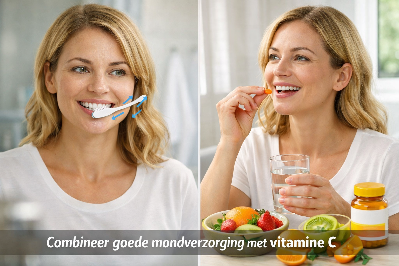 Afbeeldingen met nederlandse tekst Split-screen lifestyle image showing daily oral care routine. Left side: person brushing teeth gently wit