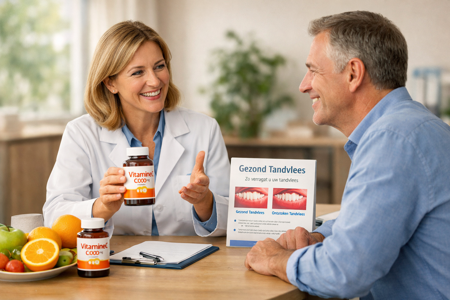 Afbeeldingen met nederlandse tekst Professional consultation scene showing healthcare provider or pharmacist explaining vitamin supplements 