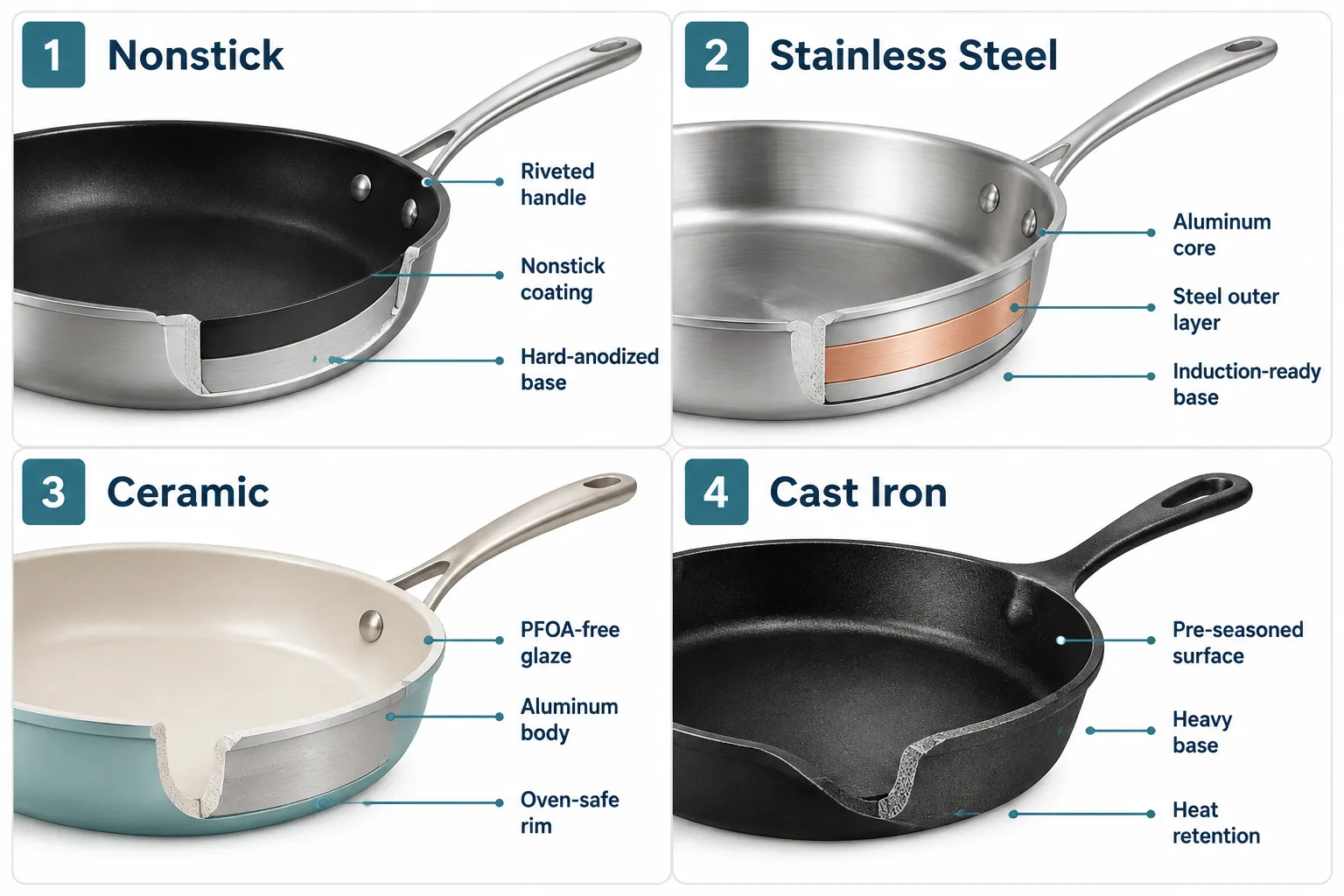 Four-panel labelled comparison guide (1536x1024): Panel 1 labeled 'Nonstick' shows a cross-section illustration of aluminum pan with PTFE coating layer, callout lines pointing to 'Hard-anodized base', 'Nonstick coating', 'Riveted handle'; Panel 2 labeled 'Stainless Steel' shows tri-ply cross-section with callouts 'Aluminum core', 'Steel outer layer', 'Induction-ready base'; Panel 3 labeled 'Ceramic' shows ceramic-coated pan with callouts 'PFOA-free glaze', 'Aluminum body', 'Oven-safe rim'; Panel 4 labeled 'Cast Iron' shows skillet with callouts 'Pre-seasoned surface', 'Heavy base', 'Heat retention'. Clean white background, teal-and-navy palette, editorial infographic polish, short 1-4 word labels, callout lines, no pricing text. Our Top Cookware Set Picks for 2026: Best Affordable Pans for Cooking