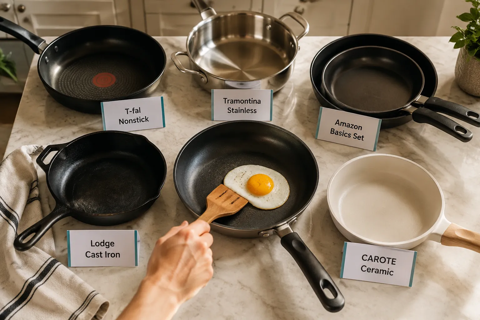 Annotated documentary photography (1536x1024): Overhead shot of a bright kitchen counter with five budget pans arranged in a semi-circle, each with a small white label card identifying it by type: 'T-fal Nonstick', 'Tramontina Stainless', 'Amazon Basics Set', 'Lodge Cast Iron', 'CAROTE Ceramic'. A hand holds a wooden spatula over the center skillet with a golden-brown egg cooking inside. Warm natural window light, shallow depth of field on the center pan, crisp editorial food-photography style, teal accent borders on label cards, no dollar amounts. How We Tested and Reviewed These Cookware Sets