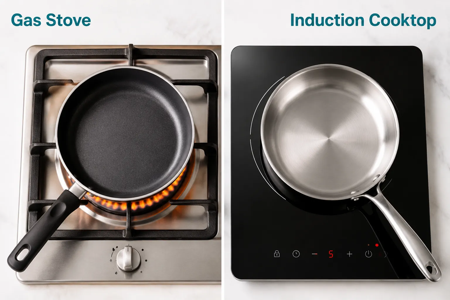 Split-screen editorial image (1536x1024): Left half shows a gas burner with a budget nonstick skillet, orange flame visible beneath, labeled 'Gas Stove' in bold teal sans-serif at top-left corner; right half shows a smooth black induction cooktop with a flat-bottomed stainless steel pan, labeled 'Induction Cooktop' in bold teal sans-serif at top-right corner. Center dividing line is a thin white rule. Both halves have identical overhead camera angle for direct visual comparison. Bright studio lighting, clean white countertop, no pricing, editorial magazine quality. Nonstick vs Stainless Steel Affordable Pans: Which Should You Buy?