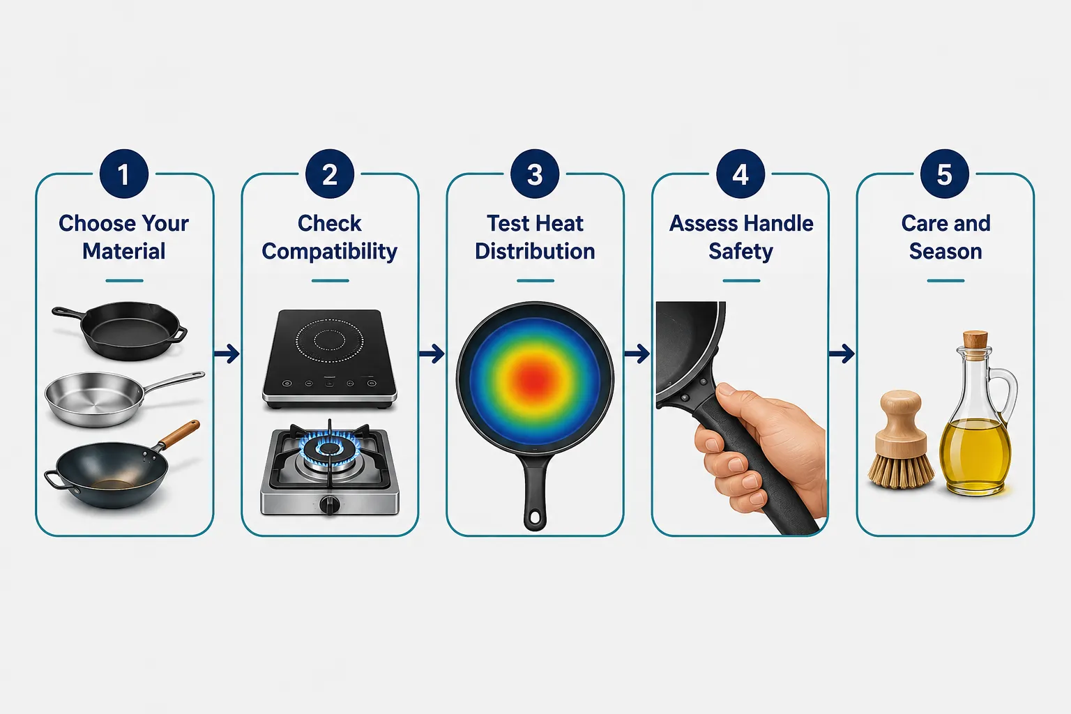 Numbered step-by-step process flow diagram (1536x1024): Five horizontal steps illustrated as connected rounded rectangles on a clean light-grey background. Step 1: 'Choose Your Material' with small icon of pan types; Step 2: 'Check Compatibility' with induction and gas stove icons; Step 3: 'Test Heat Distribution' with thermal gradient illustration on pan base; Step 4: 'Assess Handle Safety' with grip close-up illustration; Step 5: 'Care and Season' with cleaning brush and oil bottle icons. Navy-and-teal color scheme, short 1-5 word labels per step, thin connecting arrows, editorial infographic style, no dollar amounts, no pricing grids. How to Care for Budget Pans to Make Them Last Longer