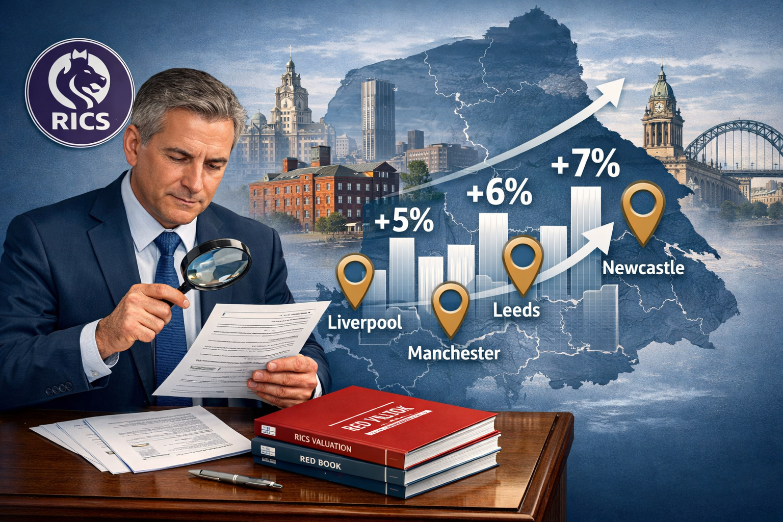 Landscape format (1536x1024) detailed illustration showing Northern England regional map with Manchester, Leeds, Liverpool, Newcastle highli