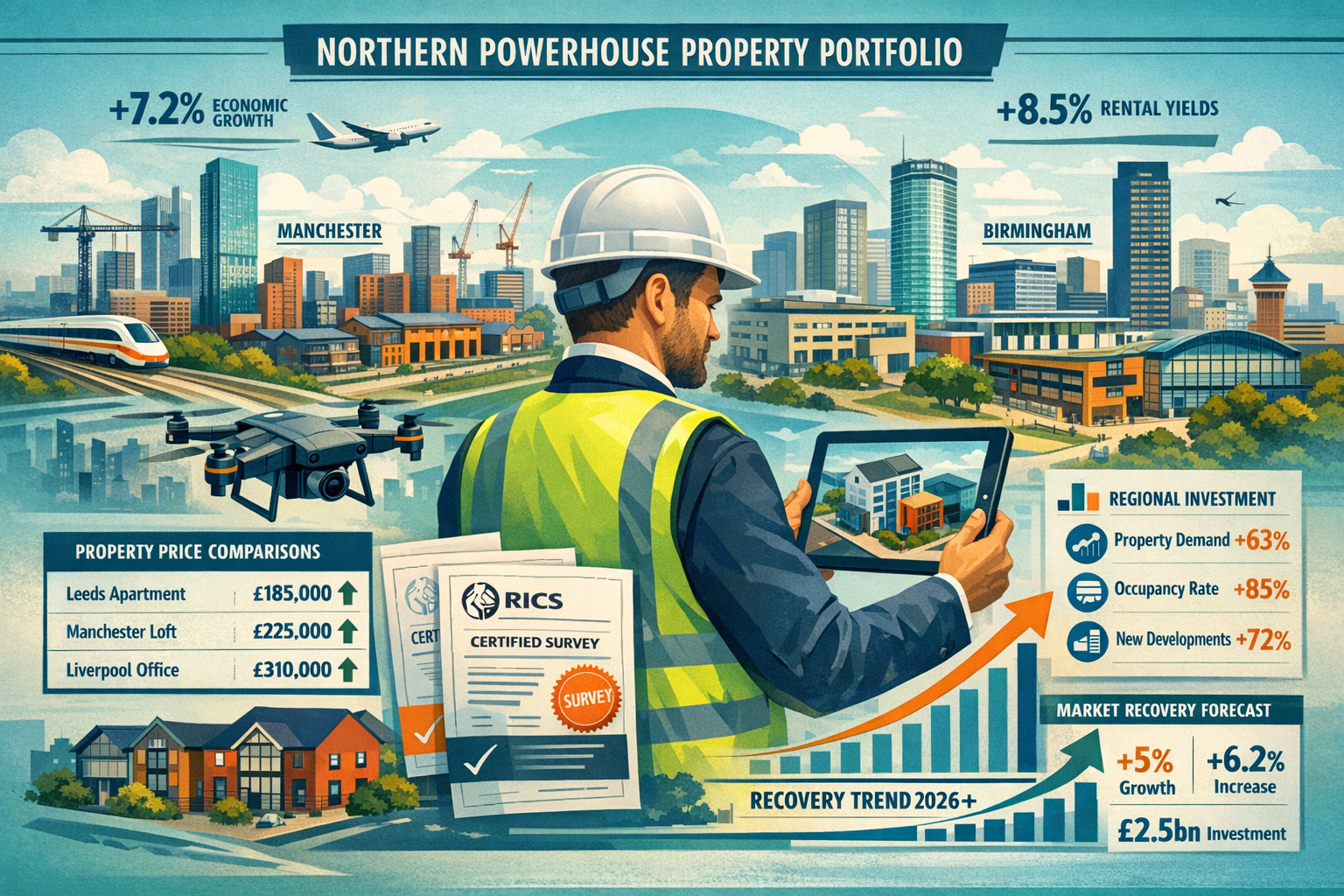 Landscape format (1536x1024) detailed infographic-style image showing Northern Powerhouse property portfolio with Manchester and Birmingham 