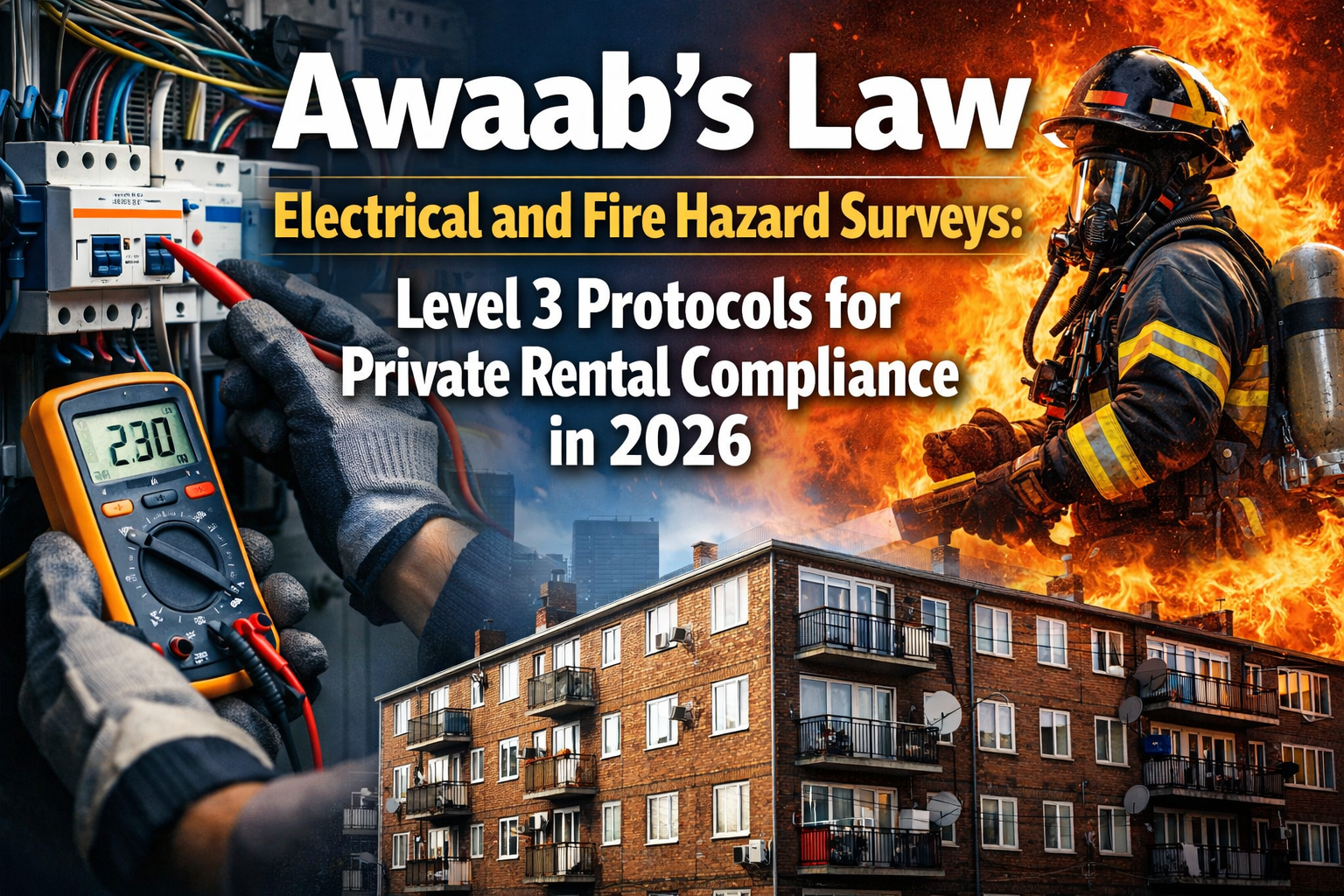 Professional landscape hero image () with : "Awaab's Law Electrical and Fire Hazard Surveys: Level 3 Protocols for Private
