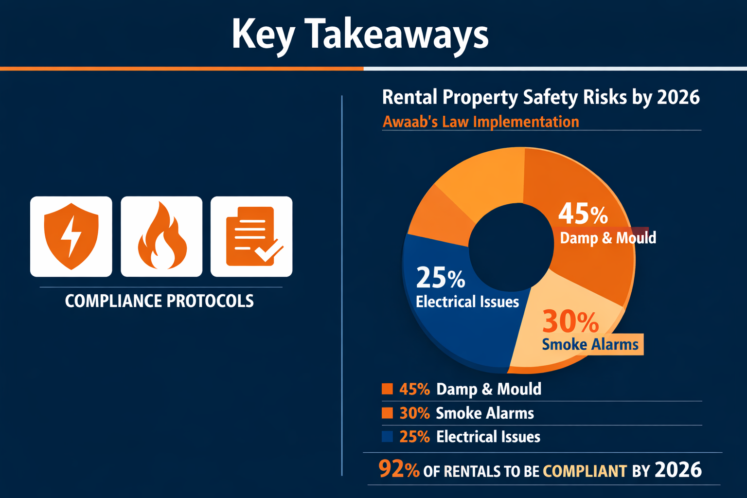 Key Takeaways section infographic: Split-screen landscape visual with left side showcasing a , fire safety symbol, legal