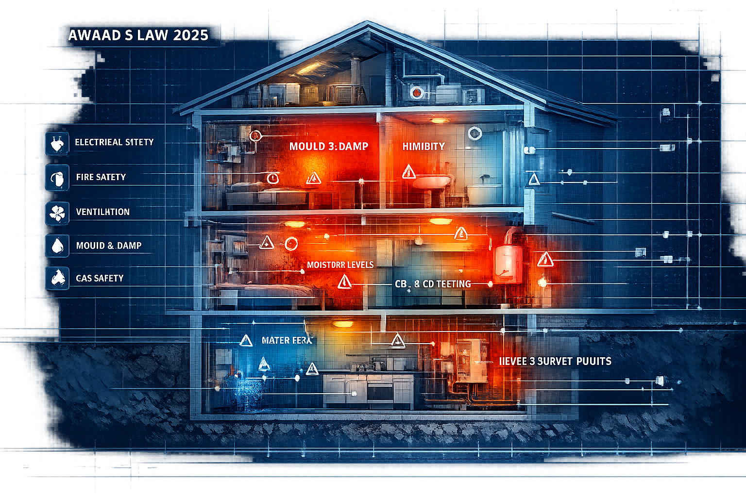 Understanding Awaab's Law 2026 section image: Architectural cross-section illustration of a multi-story rental property,