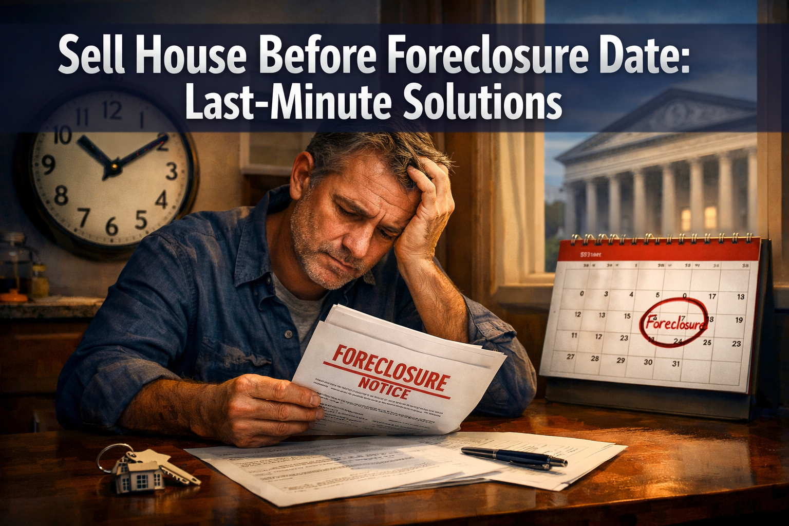 Professional landscape format (1536x1024) hero image featuring bold text overlay 'Sell House Before Foreclosure Date: Last-Minute Solutions'