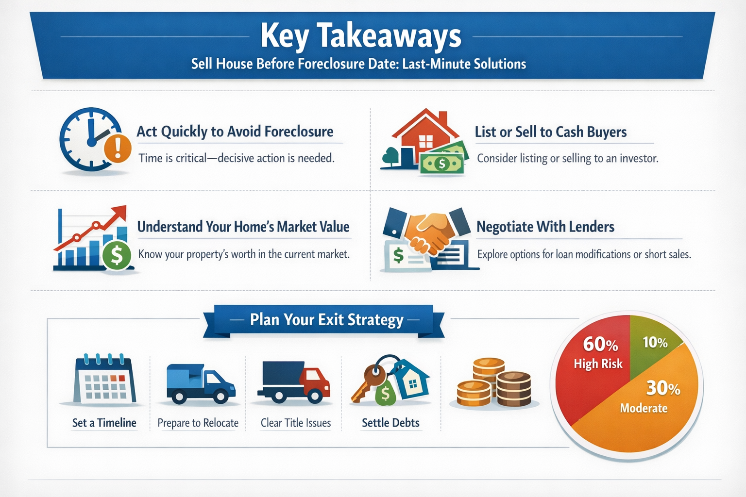 Professional infographic for article "Sell House Before Foreclosure Date: Last-Minute Solutions", section: "Key Takeaways". Include relevant