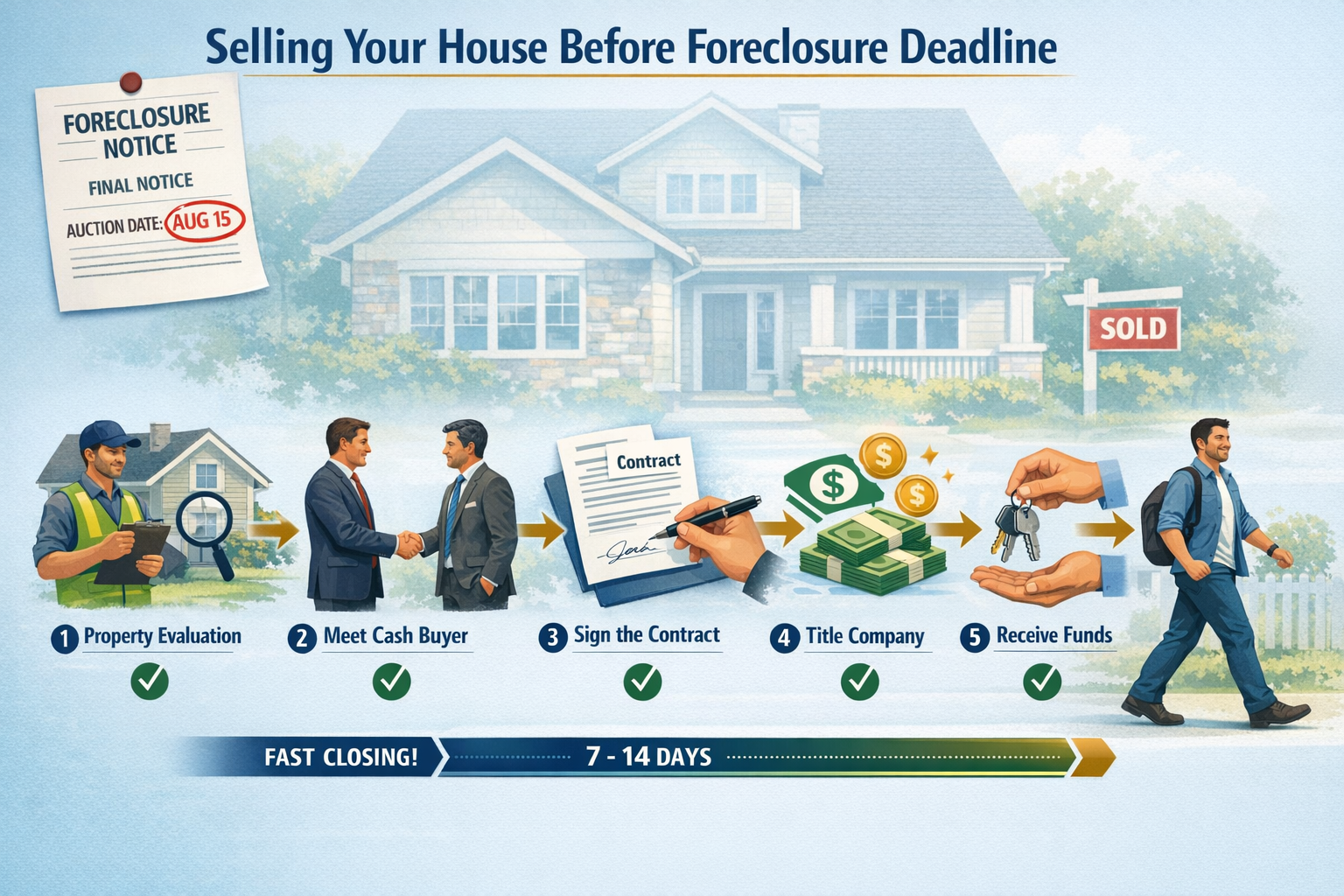 Detailed landscape format (1536x1024) image depicting step-by-step visual flowchart for selling house before foreclosure deadline. Top shows